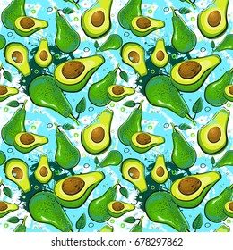 Seamless Pattern Avocado Fruits Exotic Ornament Background Vector Illustration