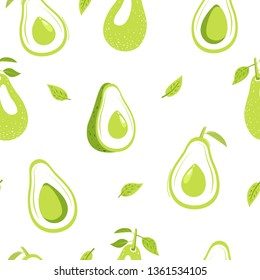 Seamless pattern with avocado fruits and leaves. Healthy eating. Texture for textile, postcard, wrapping paper, packaging etc. Vector illustration on white background.