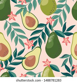 Seamless pattern with avocado fruits, leaves and branches for fabric, textiles, product and stationery design