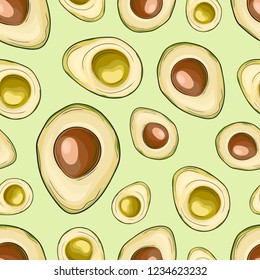 Seamless pattern of avocado fruits on a light green background. Hand drawn concept print can be used in design of textiles, clothes, pattern fills, covers, restaurant menu, napkins, site backdrops.