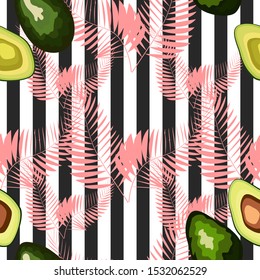 Seamless pattern of avocado fruits with palm leaves on a striped background.