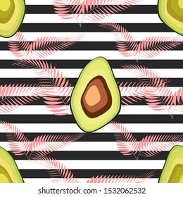 Seamless pattern of avocado fruits with palm leaves on a striped background.