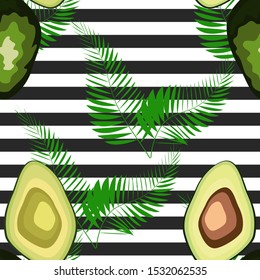 Seamless pattern of avocado fruits with palm leaves on a striped background.