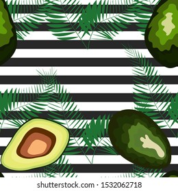Seamless pattern of avocado fruits with palm leaves dypsis lutescens on a striped background.