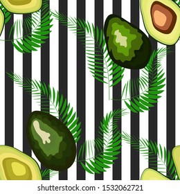 Seamless pattern of avocado fruits with palm leaves dypsis lutescens on a striped background.