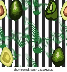 Seamless pattern of avocado fruits with palm leaves dypsis lutescens on a striped background.