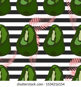 Seamless pattern of avocado fruits with palm leaves on a striped background.