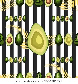 Seamless pattern of avocado fruits with palm leaves dypsis lutescens on a striped background.