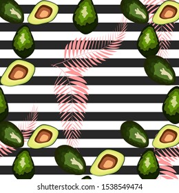 Seamless pattern of avocado fruits with palm leaves on a striped background.