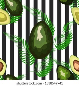 Seamless pattern of avocado fruits with palm leaves dypsis lutescens on a striped background.