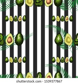 Seamless pattern of avocado fruits with palm leaves on a striped background.