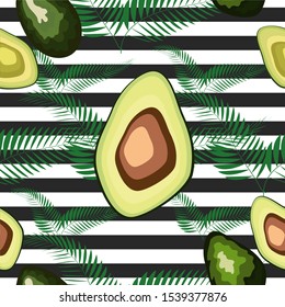 Seamless pattern of avocado fruits with palm leaves on a striped background.