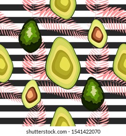 Seamless pattern of avocado fruits with palm leaves on a striped background.