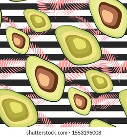 Seamless pattern of avocado fruits with palm leaves on a striped background.
