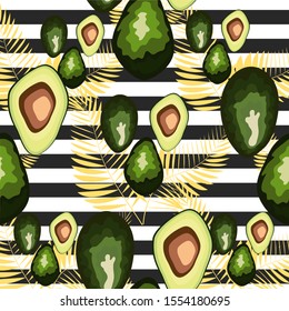 Seamless pattern of avocado fruits with palm leaves dypsis lutescens on a striped background.