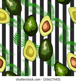 Seamless pattern of avocado fruits with palm leaves on a striped background.