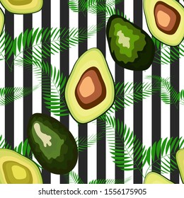 Seamless pattern of avocado fruits with palm leaves dypsis lutescens on a striped background.