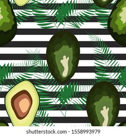 Seamless pattern of avocado fruits with palm leaves on a striped background.