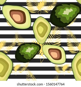 Seamless pattern of avocado fruits with palm leaves on a striped background.
