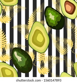 Seamless pattern of avocado fruits with palm leaves on a striped background.