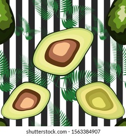 Seamless pattern of avocado fruits with palm leaves on a striped background.