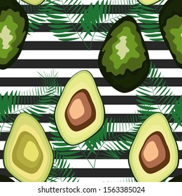 Seamless pattern of avocado fruits with palm leaves on a striped background.
