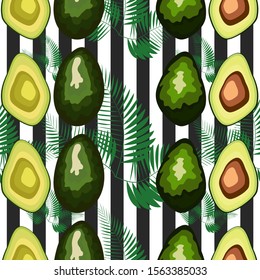 Seamless pattern of avocado fruits with palm leaves on a striped background.
