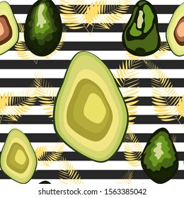 Seamless pattern of avocado fruits with palm leaves on a striped background.