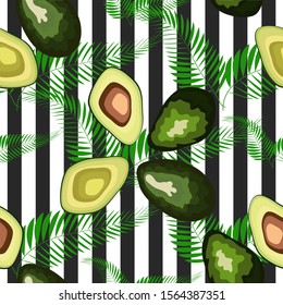 Seamless pattern of avocado fruits with palm leaves on a striped background.