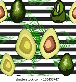 Seamless pattern of avocado fruits with palm leaves dypsis lutescens on a striped background.