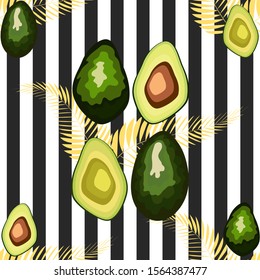 Seamless pattern of avocado fruits with palm leaves dypsis lutescens on a striped background.