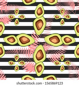 Seamless pattern of avocado fruits with palm leaves on a striped background.