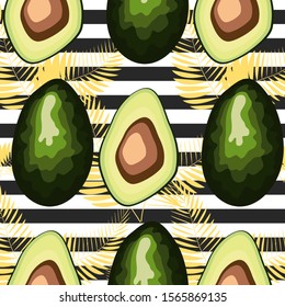 Seamless pattern of avocado fruits with palm leaves on a striped background.