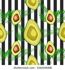 Seamless pattern of avocado fruits with palm leaves on a striped background.