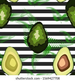 Seamless pattern of avocado fruits with palm leaves dypsis lutescens on a striped background.