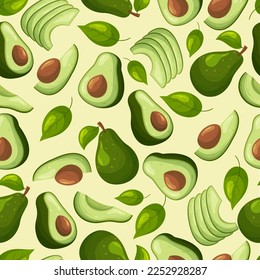 Seamless Pattern with Avocado Fruits. Repeated Background with Whole and Sliced Pieces of Tropical Plant, Green Leaves and Seeds, Halves and Cut Organic Fresh Fruits Tile . Cartoon Vector Illustration