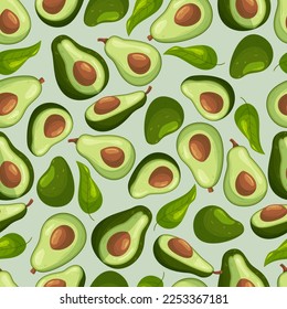 Seamless Pattern with Avocado Fruits. Repeated Ornamental Background with Whole and Halves of Tropical Plant. Cut Organic Fresh Fruits and Green Leaves. Cartoon Vector Illustration