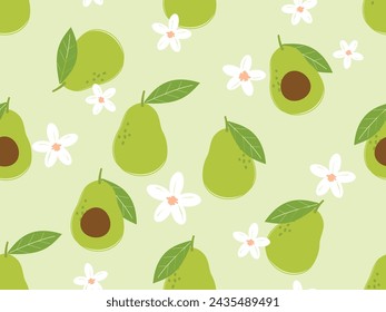 Seamless pattern of avocado with green leaf and cute flower on green background vector. Cute fruit print.