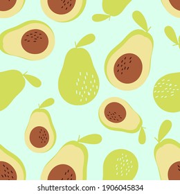 Patrón sin foco con hojas de aguacate y verde en la ilustración del vector de fondo verde.