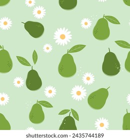 Nahtloses Muster mit Avocado mit grünen Blättern und niedlichen Gänseblümchen auf grünem Hintergrund Vektor. Netter Fruchtdruck.