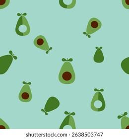 Seamless pattern with avocado, green leaves and seed on green background vector.