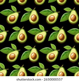 seamless pattern with avocado and green leaves on a black background.Close-up, isolated. The design element