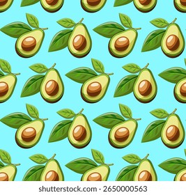 seamless pattern with avocado and green leaves on a  blue background.Close-up, isolated. The design element