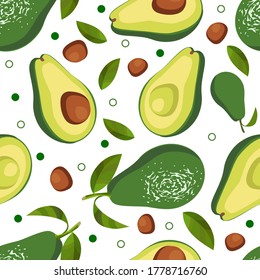 Seamless pattern of avocado, half of avocado on green background. Vegetarian. Elements for your design. Series of food and drink and ingredients for cooking. Vector illustration