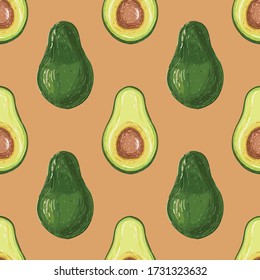 Patrón sin foco con aguacate. Adorados verdes a la mitad. Vista superior. Cartel, afiche, papel de envoltura, diseño textil moderno, material promocional. Ilustración vectorial.