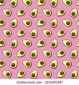 Seamless pattern of avocado halves on a pink background. Appetizing vector illustration of repeating avocado halves. Simple illustrations of avocado halves for packaging design, postcards.