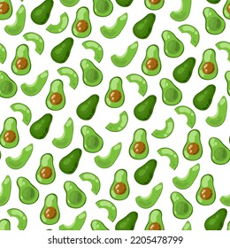 Seamless pattern with avocado halves and slices. White background. Vector hand drawn illustration.