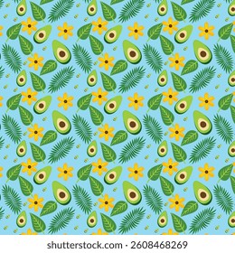 Seamless Pattern of Avocado Halves, Yellow Flowers, and Green Leaves on Soft Blue Background