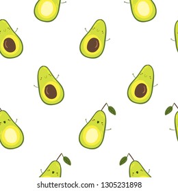 Seamless pattern with avocado in hand drawn style. Funny vector illustration with cute cartoon characters. Natural, organic and healthy food. For product packaging, advertising, textiles, etc.