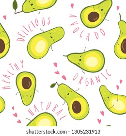 Seamless pattern with avocado in hand drawn style. Funny vector illustration with cute cartoon characters. Natural, organic and healthy food. For product packaging, advertising, textiles, etc.